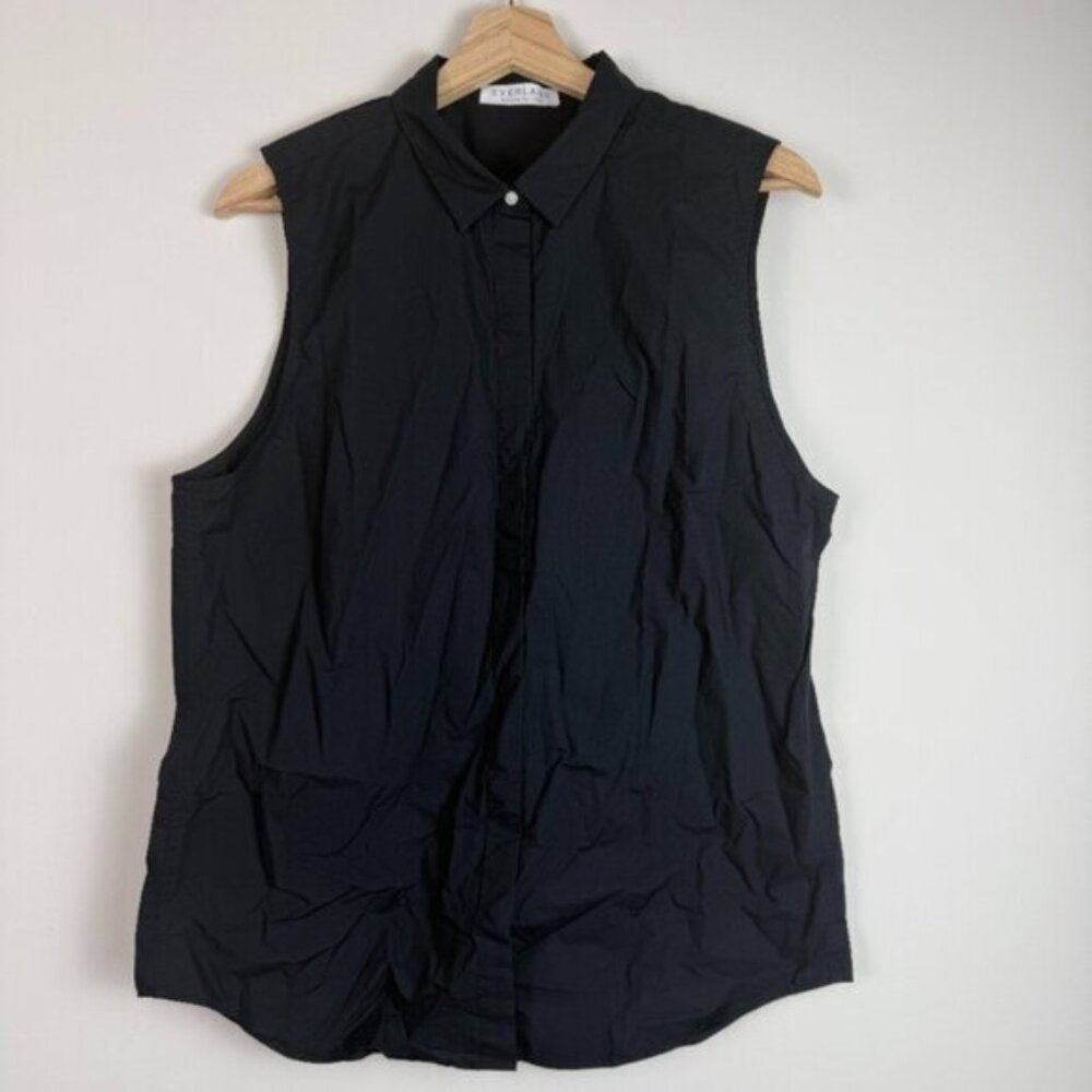 Everlane 100% Cotton Button Front Sleeveless Collared Blouse Black L